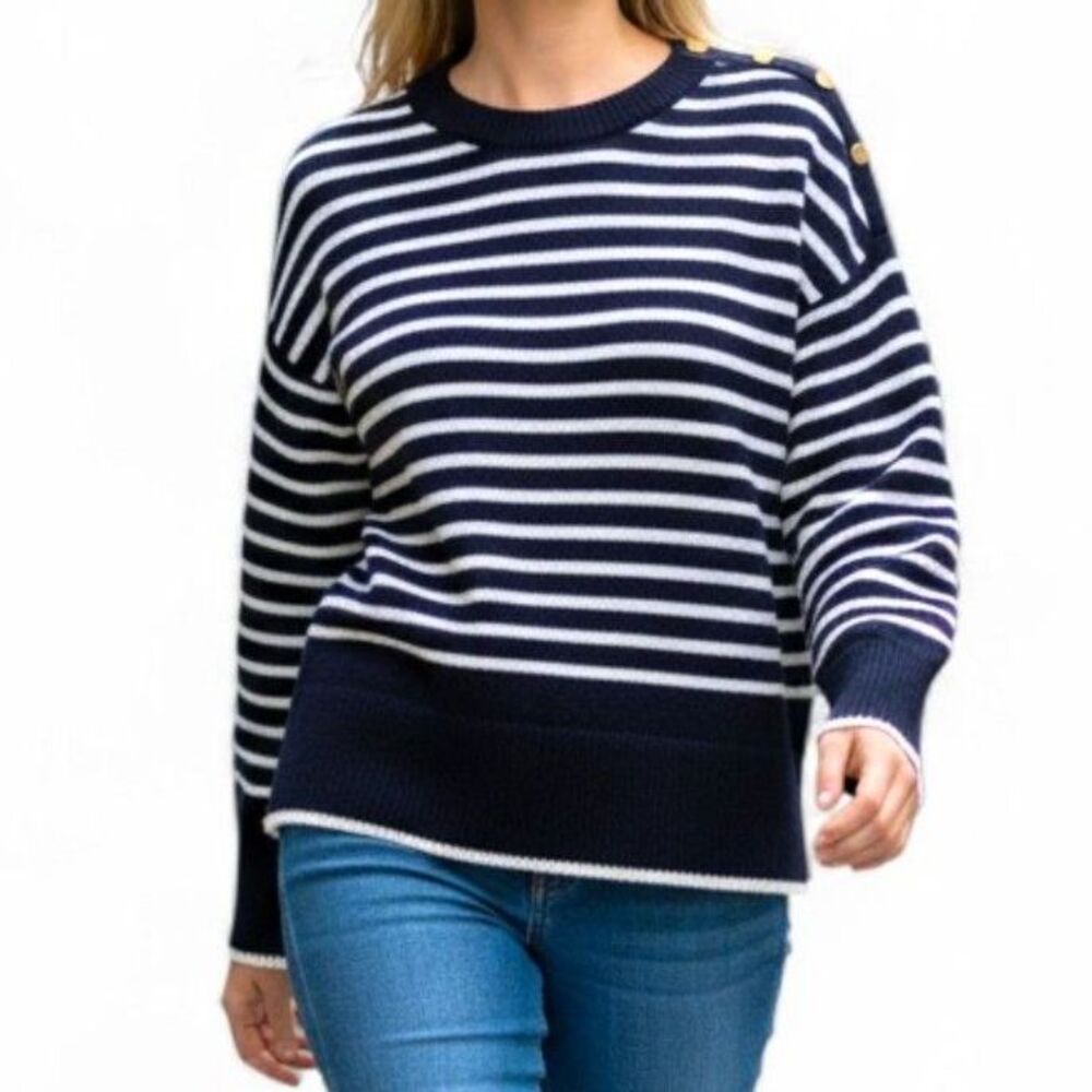 MAGASCHONI Blue and Ivory Stripe Button Accent Sweater, NWT! Size XL
